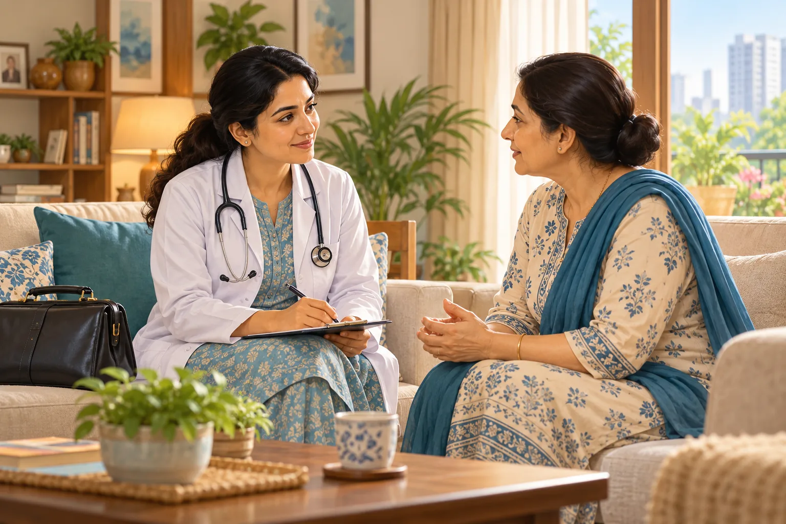 Illustration of a doctor listening to a patient during a home consultation.