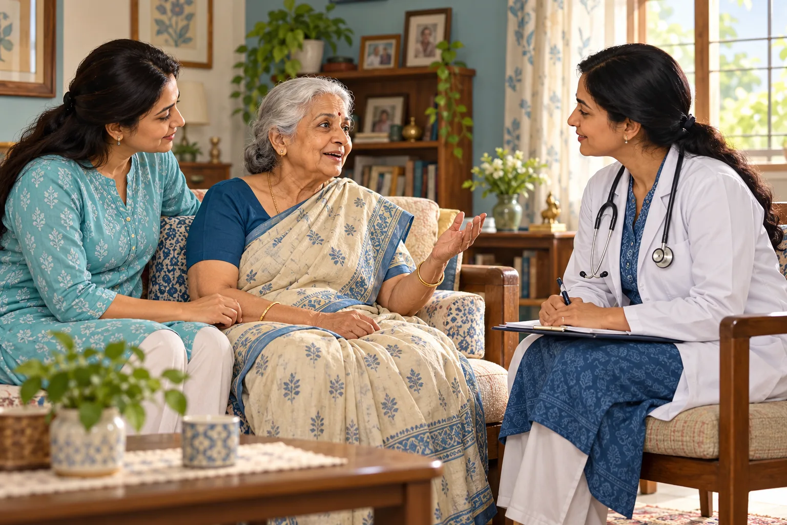 Illustration of an older woman talking with a doctor at home while her daughter listens.