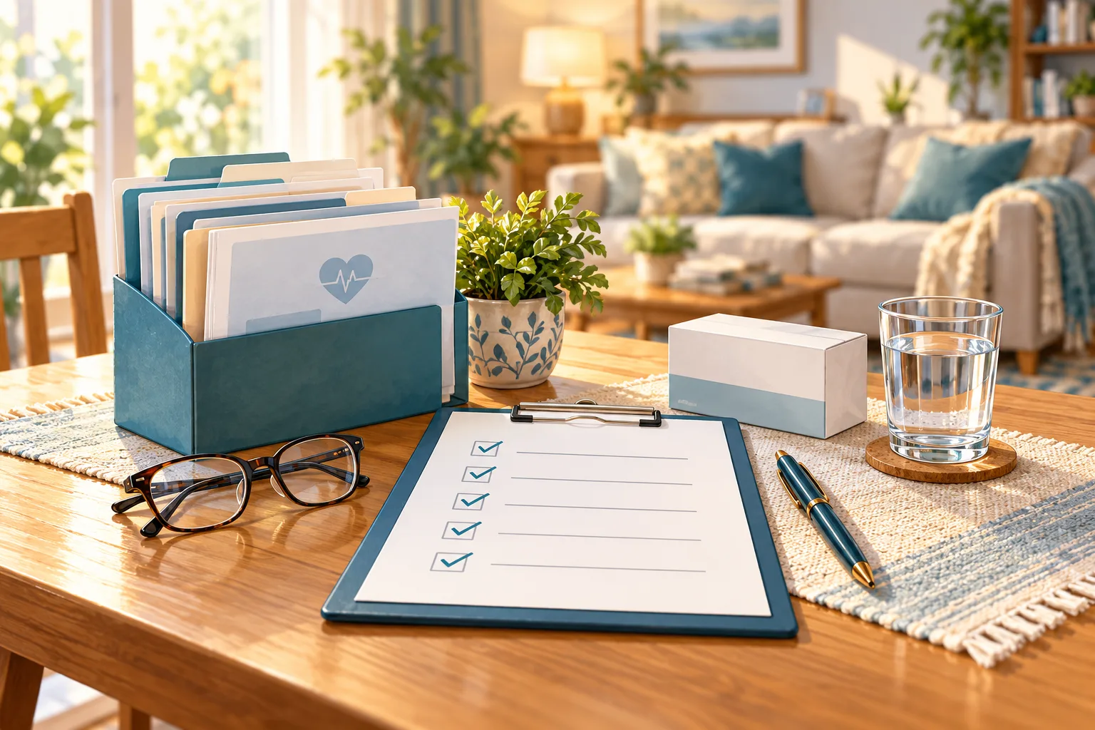 Checklist, medical report folders and glasses arranged on a table for a home visit.